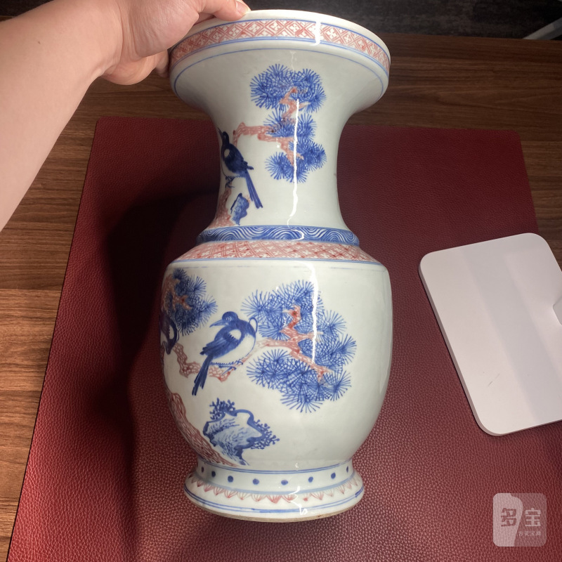 清雍正 青花釉里红报喜图盘口尊 - 图7